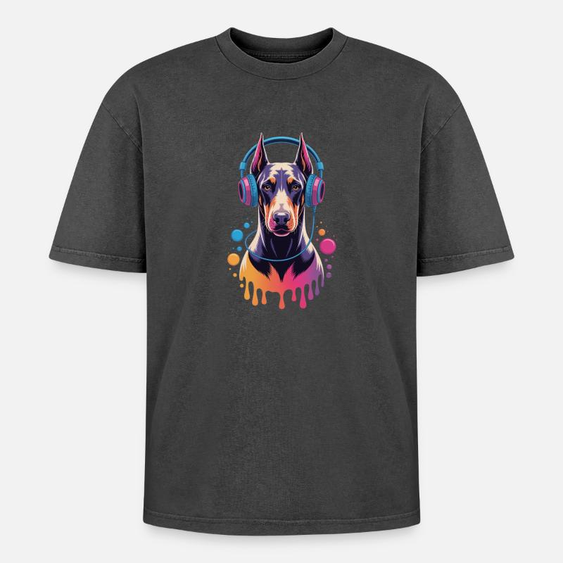 Dobermann mit Kopfhörern - Oversized Unisex Premium Acid-Washed T-Shirt - Schwarz Acid Wash