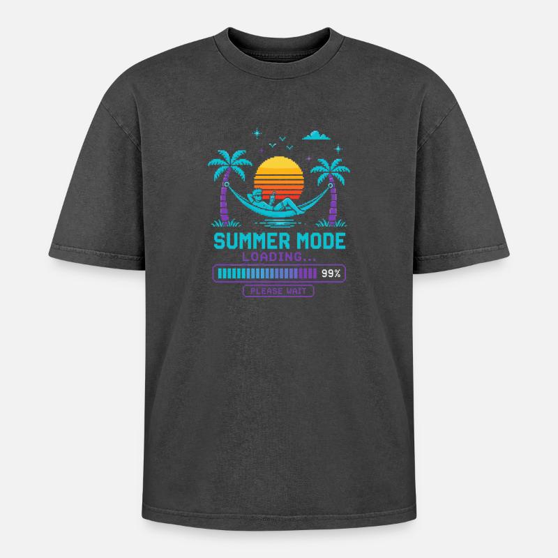 Summer Mode Loading: Sunset - Oversized Unisex Premium Acid-Washed T-Shirt - acid washed black