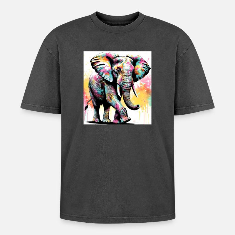 Elefant - Oversized Unisex Premium Acid-Washed T-Shirt - Schwarz Acid Wash