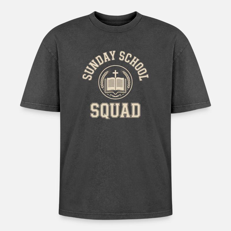 Sunday School Squad Emblem - Oversized Unisex Premium Acid-Washed T-Shirt - acid washed black