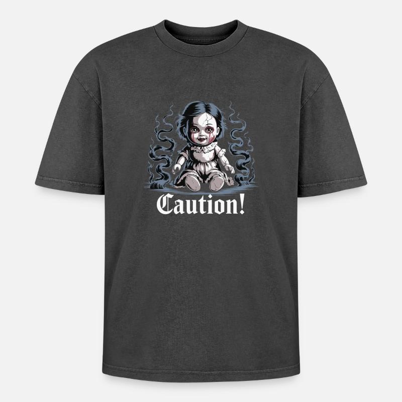 Creepy Doll with Caution Text - Oversized Unisex Premium Acid-Washed T-Shirt - acid washed black