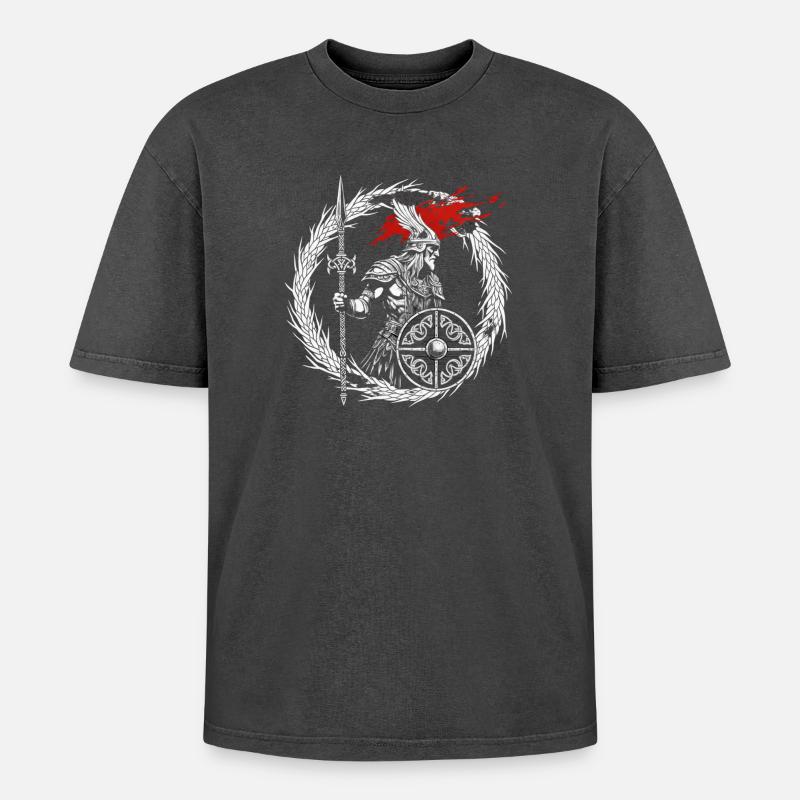 Furchtloser Wikinger Krieger - Walhalla wartet - Oversized Unisex Premium Acid-Washed T-Shirt - Schwarz Acid Wash