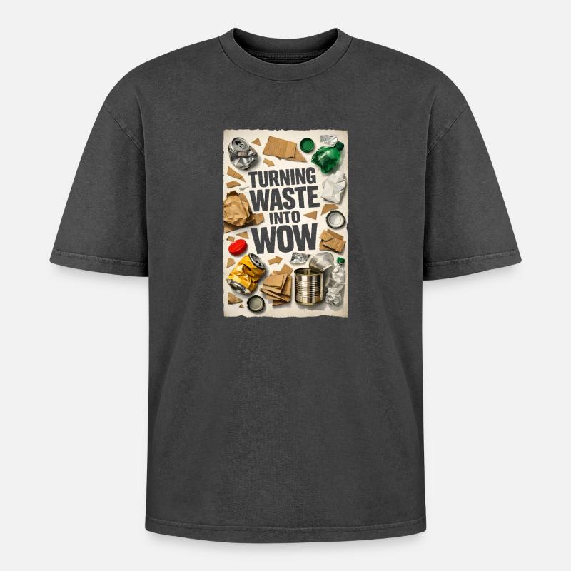 Abfall wird Wow | Upcycling Recycling - Oversized Unisex Premium Acid-Washed T-Shirt - Schwarz Acid Wash