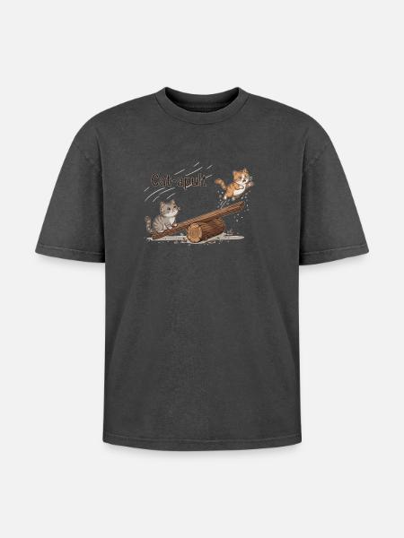 Catapult Cat Adventure - Oversized Unisex Premium Acid-Washed T-Shirt - acid washed black