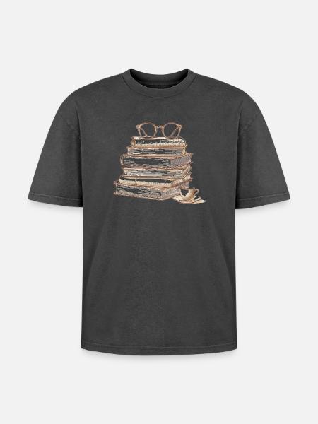 Stack of books with glasses - Oversized Unisex Premium Acid-Washed T-Shirt - acid washed black