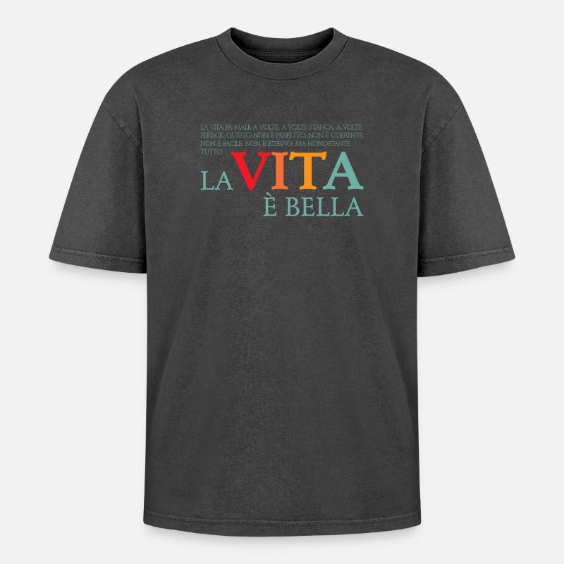 La vita e bella - Oversized Unisex Premium Acid-Washed T-Shirt - Schwarz Acid Wash