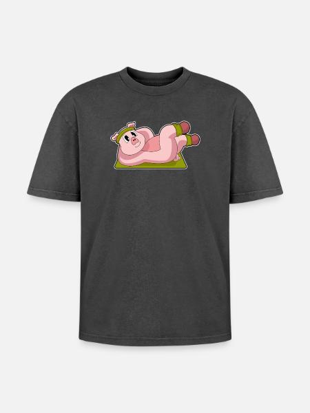 Pig Abdominal Workout Bodybuilding - Oversized Unisex Premium Acid-Washed T-Shirt - acid washed black