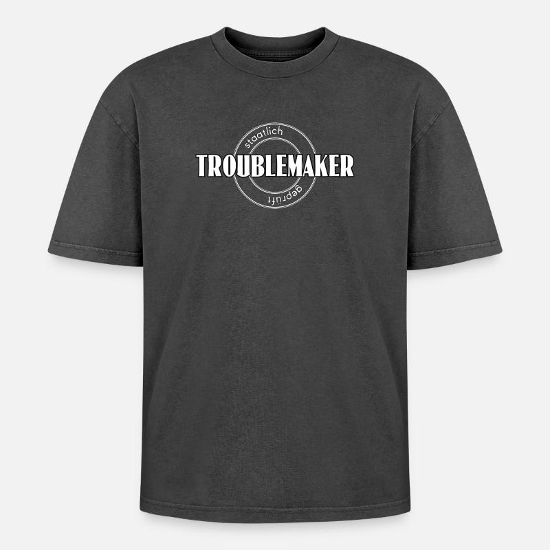 Troublemaker - Oversized Unisex Premium Acid-Washed T-Shirt - Schwarz Acid Wash