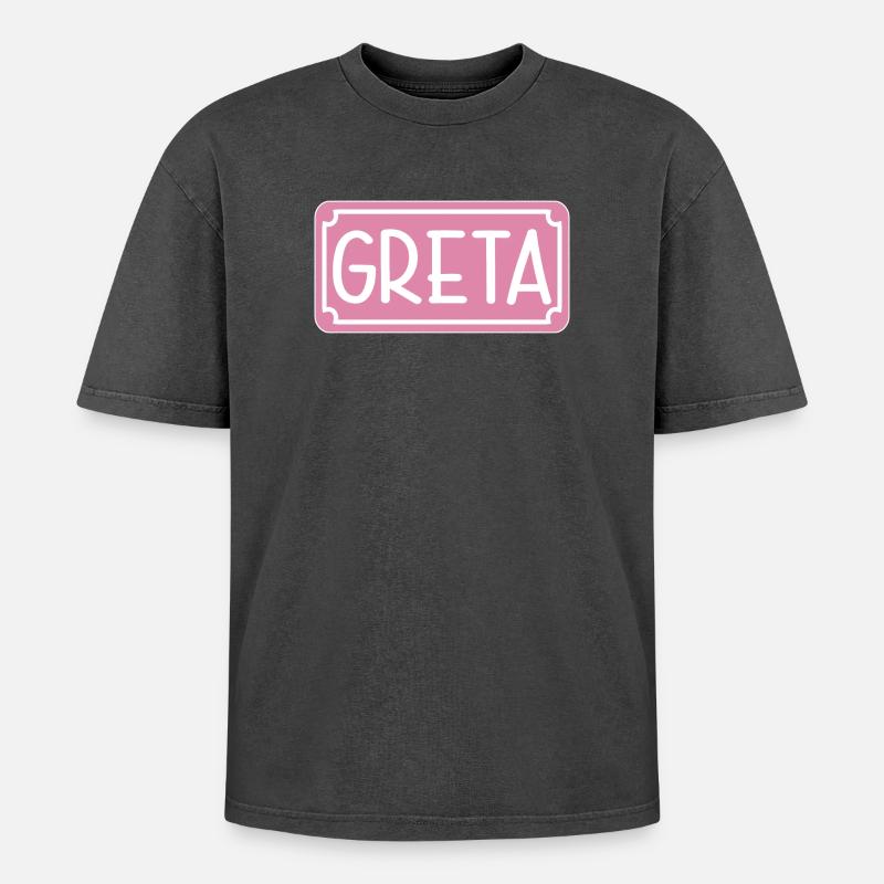 NAMENSGESCHENK MÄDCHEN GRETA SCHILD - Oversized Unisex Premium Acid-Washed T-Shirt - Schwarz Acid Wash