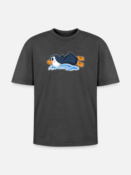 Lustiger Pinguin  - Oversized Unisex Premium Acid-Washed T-Shirt - Schwarz Acid Wash