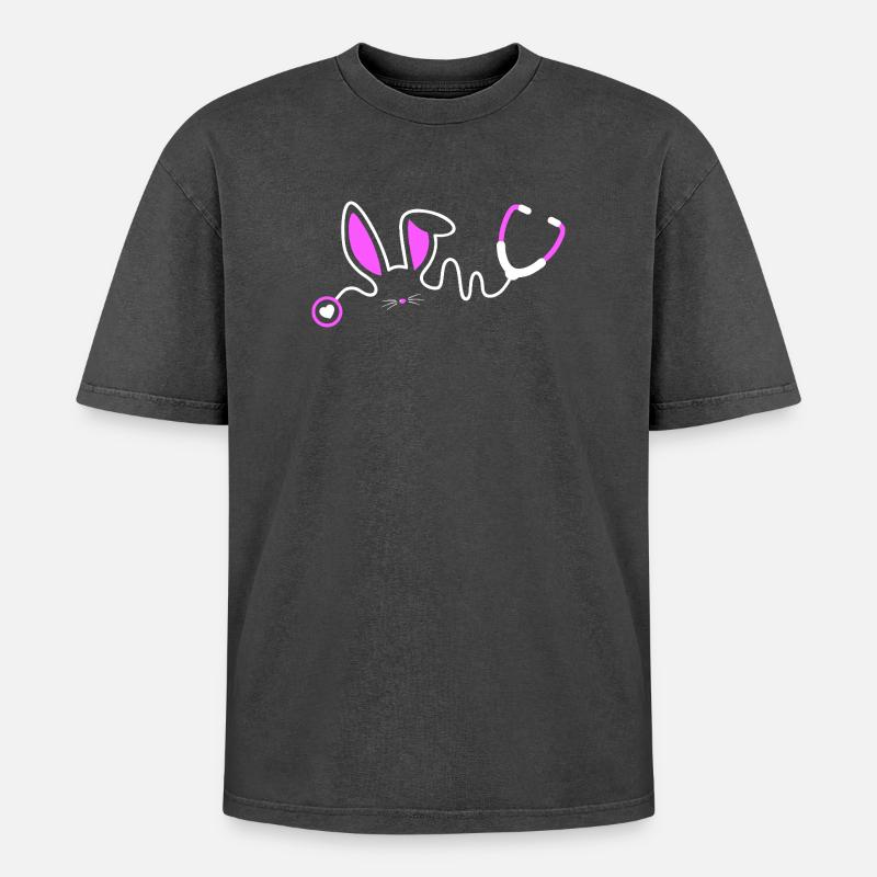 Stethoscope Bunny Whimsy - Oversized Unisex Premium Acid-Washed T-Shirt - acid washed black