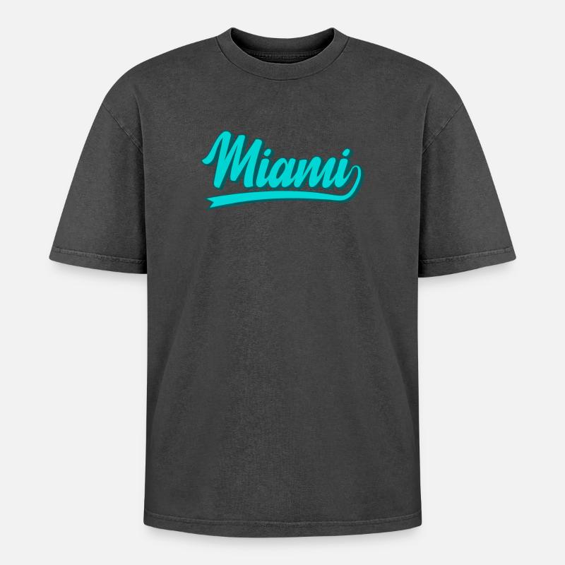 Miami Neon Script Turquoise - Oversized Unisex Premium Acid-Washed T-Shirt - acid washed black