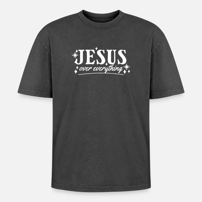 JESUS Over Everything – Christliches Statement - Oversized Unisex Premium Acid-Washed T-Shirt - Schwarz Acid Wash