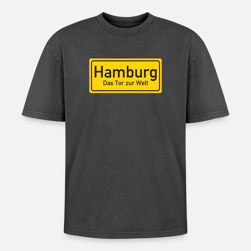 Hamburger Ortsschild Deutschland - Oversized Unisex Premium Acid-Washed T-Shirt - Schwarz Acid Wash
