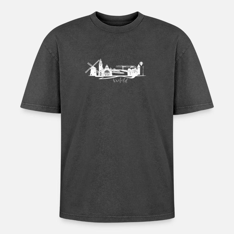 Krefeld Skyline mit Windmühle - Oversized Unisex Premium Acid-Washed T-Shirt - Schwarz Acid Wash