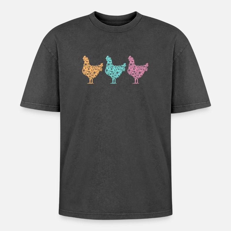 Pastellfarbene Hühner Silhouetten Muster - Oversized Unisex Premium Acid-Washed T-Shirt - Schwarz Acid Wash