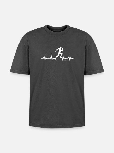 Marathon 42.195 Heartbeat Pulse Running Runner - Oversized Unisex Premium Acid-Washed T-Shirt - acid washed black
