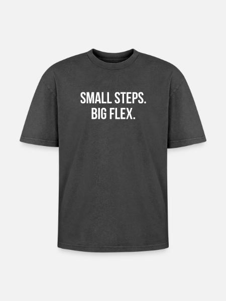 SMALL STEPS. BIG FLEX. | Greyline Official - Oversized Unisex Premium Acid-Washed T-Shirt - acid washed black