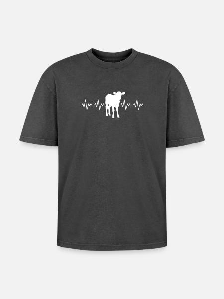 Bauer Kalb EKG Herzschlag - Oversized Unisex Premium Acid-Washed T-Shirt - Schwarz Acid Wash