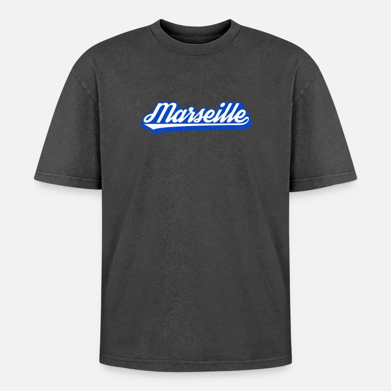 Marseille Retro Blau Script - Oversized Unisex Premium Acid-Washed T-Shirt - Schwarz Acid Wash