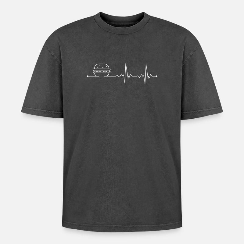 Burger Pulse Linienkunst - Oversized Unisex Premium Acid-Washed T-Shirt - Schwarz Acid Wash