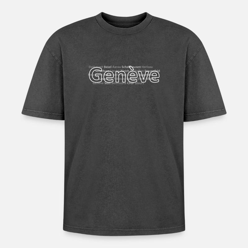 Schweizer Städte Genève - Oversized Unisex Premium Acid-Washed T-Shirt - Schwarz Acid Wash
