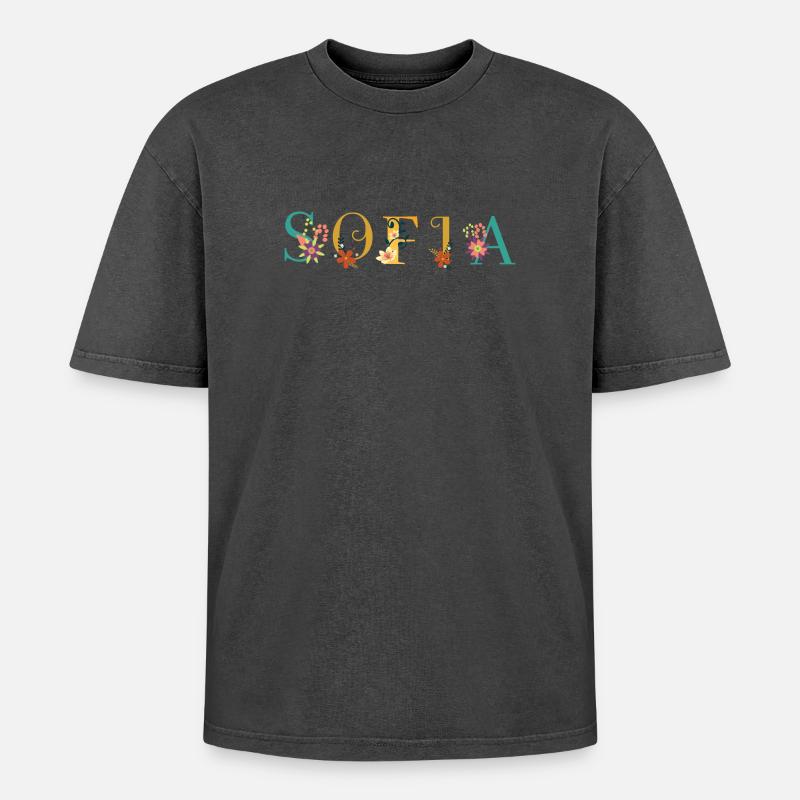 SOFIA Namenskunst mit gestickten Blumen - Oversized Unisex Premium Acid-Washed T-Shirt - Schwarz Acid Wash