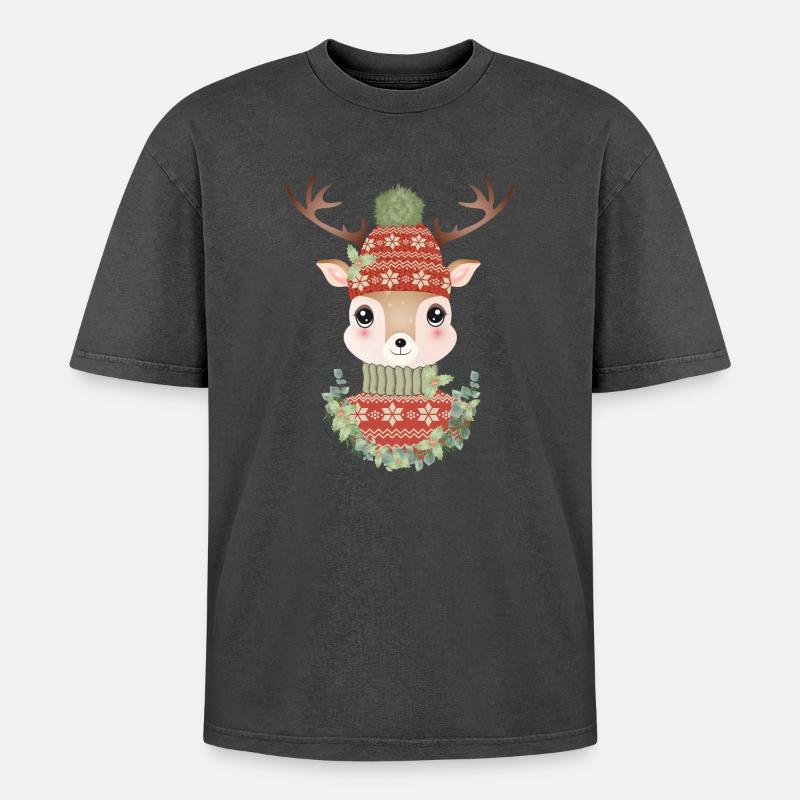 niedlicher Hirsch mit Pullover,Bommelmütze & Kranz - Oversized Unisex Premium Acid-Washed T-Shirt - Schwarz Acid Wash