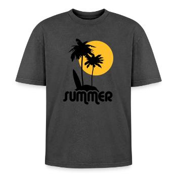 summer Sommer - Oversized Unisex Premium Acid-Washed T-Shirt - Schwarz Acid Wash - Vorne - AI Model Female 172 light (172cm) & AI Model Male 185 light (185cm)