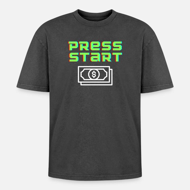 Press Start Retro Arcade Bill - Oversized Unisex Premium Acid-Washed T-Shirt - acid washed black