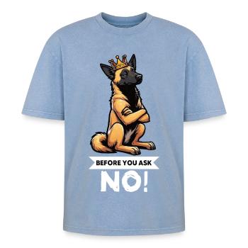 Before You Ask Malinois Belgian Shepherd Dog - Oversized Unisex Premium Acid-Washed T-Shirt - acid washed blue - Front - AI Model Female 172 dark (172cm) & AI Model Male 185 dark (185cm)