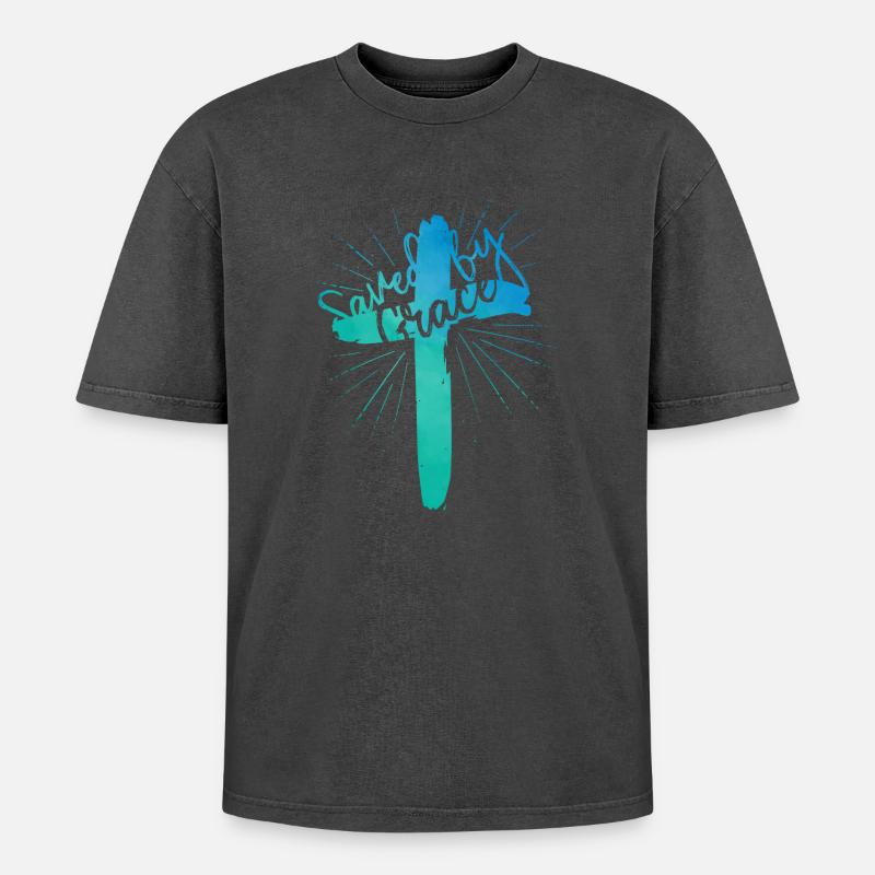 Saved by Grace - Oversized Unisex Premium Acid-Washed T-Shirt - Schwarz Acid Wash