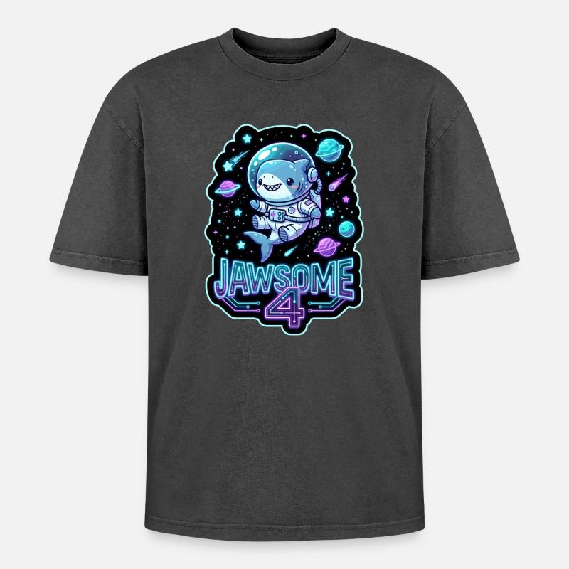 Jawsome 4 Space Shark - Oversized Unisex Premium Acid-Washed T-Shirt - acid washed black