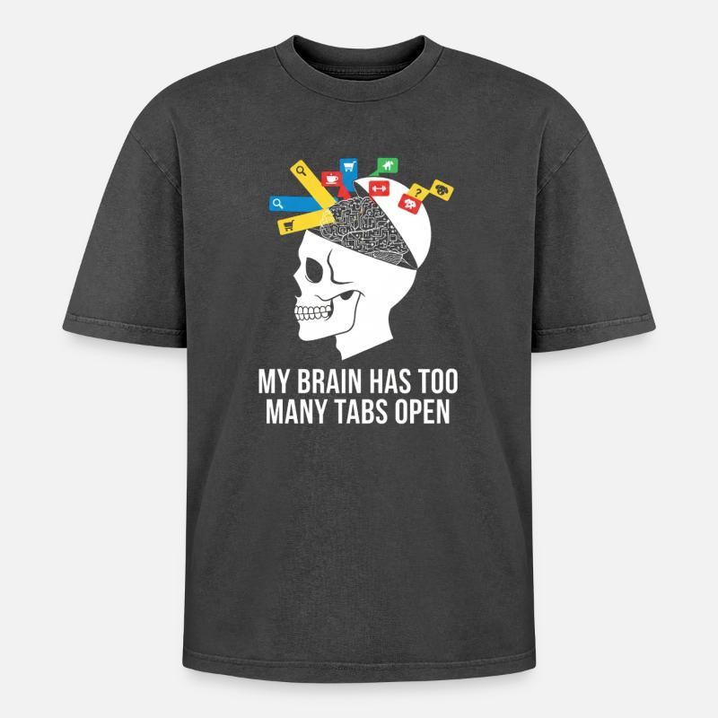 Tabs Open Skull Brain Meme - Oversized Unisex Premium Acid-Washed T-Shirt - acid washed black