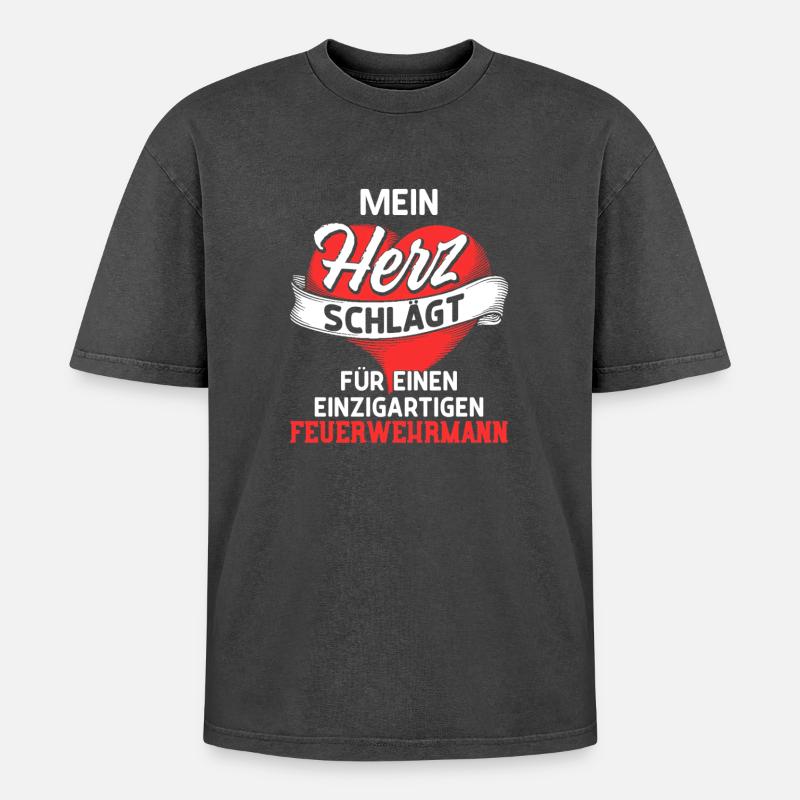 Heart beats for a firefighter - Oversized Unisex Premium Acid-Washed T-Shirt - acid washed black