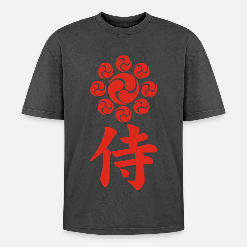 Samurai-Emblem des Uesugi-Clans (rot) - Oversized Unisex Premium Acid-Washed T-Shirt - Schwarz Acid Wash