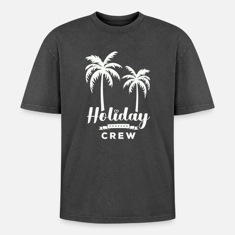 Urlaubscrew Palmendesign - Oversized Unisex Premium Acid-Washed T-Shirt - Schwarz Acid Wash
