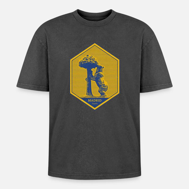 Madrid Emblem mit Bär und Baum - Oversized Unisex Premium Acid-Washed T-Shirt - Schwarz Acid Wash