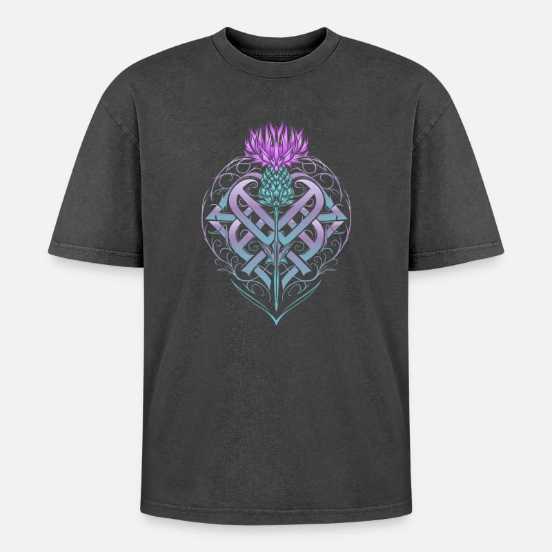 Distel Schild Celtic Knots Thistle Lover - Oversized Unisex Premium Acid-Washed T-Shirt - Schwarz Acid Wash