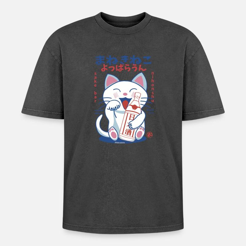 Lucky Cat Drunk on Sake - Oversized Unisex Premium Acid-Washed T-Shirt - Schwarz Acid Wash