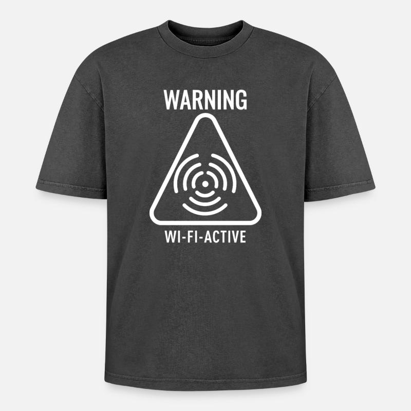 WiFi Active Warning Triangle - Oversized Unisex Premium Acid-Washed T-Shirt - acid washed black