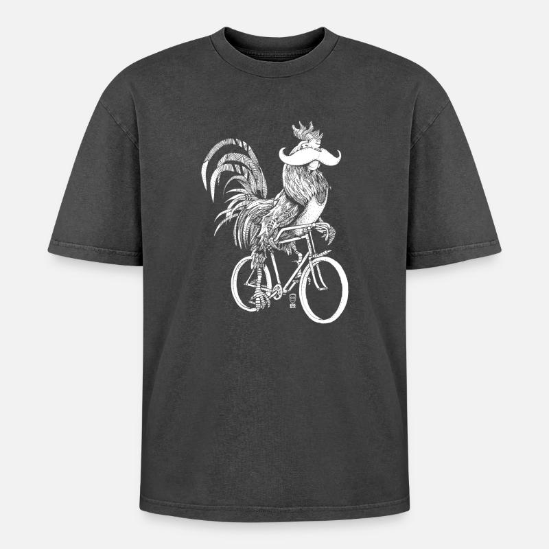 Rooster & Bicycles - weiße Version - Oversized Unisex Premium Acid-Washed T-Shirt - Schwarz Acid Wash