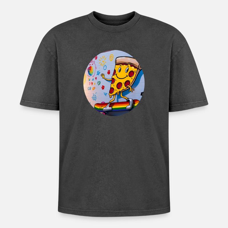 Pizza Slice Skateboard Graffiti - Oversized Unisex Premium Acid-Washed T-Shirt - Schwarz Acid Wash