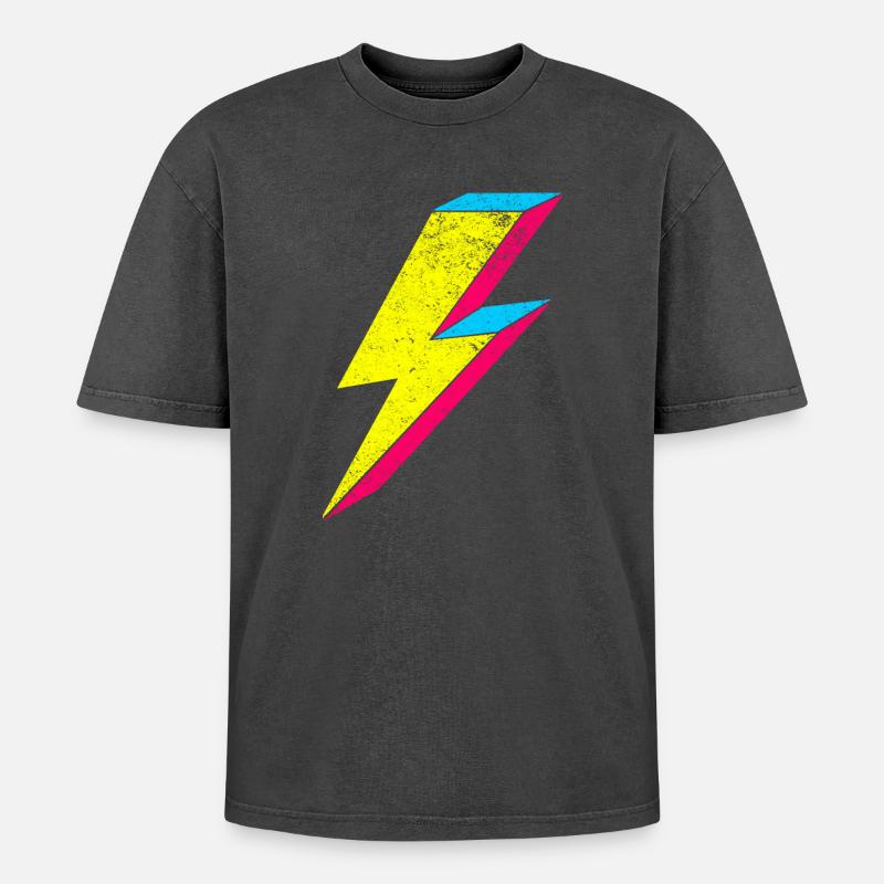Neon Blitz Lightning Design 70s 80s - Oversized Unisex Premium Acid-Washed T-Shirt - Schwarz Acid Wash