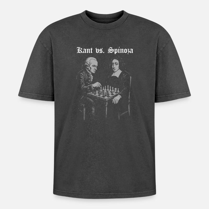 Kant vs Spinoza Playing Chess Design - Oversized Unisex Premium Acid-Washed T-Shirt - acid washed black