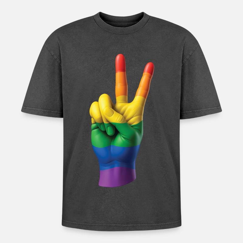 PRIDE PEACE HAND – Frieden & Liebe - Oversized Unisex Premium Acid-Washed T-Shirt - Schwarz Acid Wash