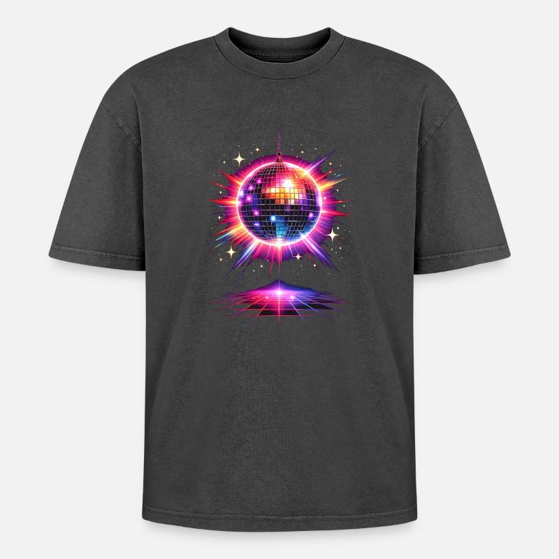 Disco Kugel Neon 80er Design - Oversized Unisex Premium Acid-Washed T-Shirt - Schwarz Acid Wash