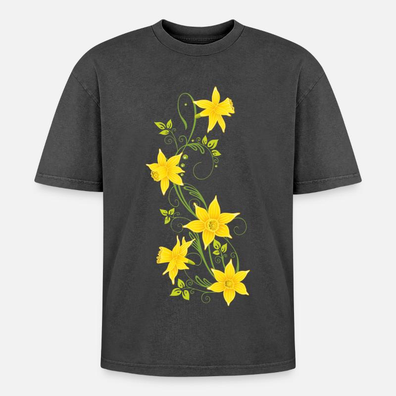 Easter, daffodils, daffodils, spring - Oversized Unisex Premium Acid-Washed T-Shirt - acid washed black