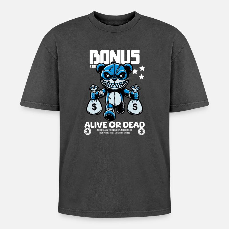 Bonus Bär – Gesucht: Lebendig oder Tot - Oversized Unisex Premium Acid-Washed T-Shirt - Schwarz Acid Wash
