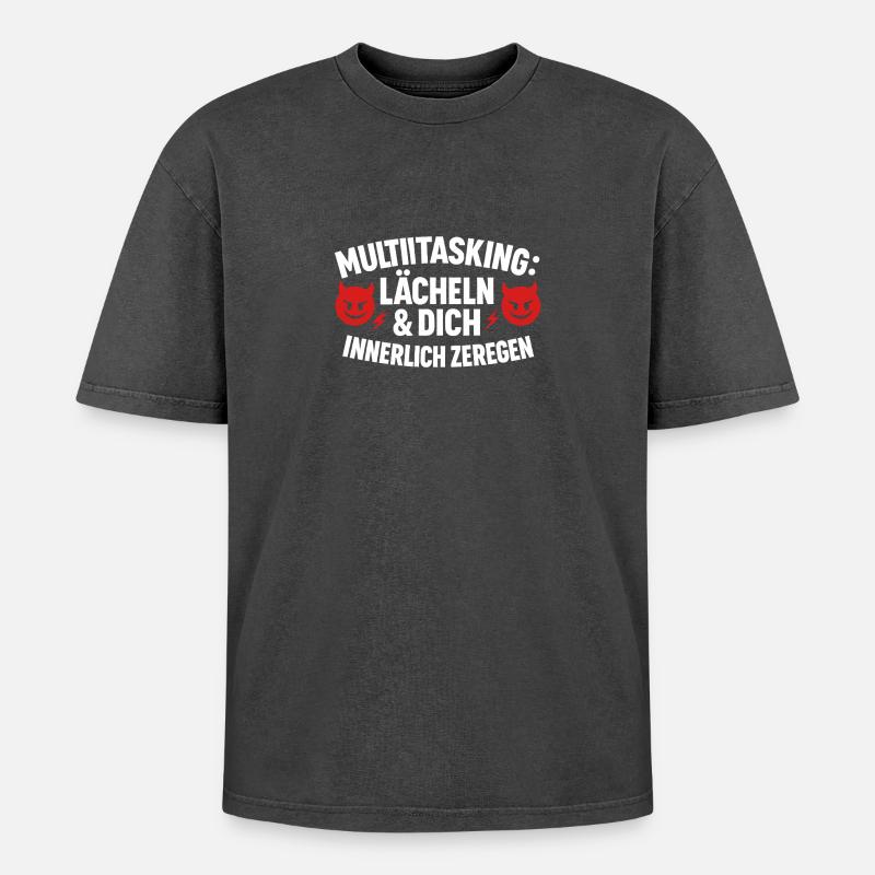 Multitasking Lächeln Innerlich Zerlegen - Oversized Unisex Premium Acid-Washed T-Shirt - Schwarz Acid Wash